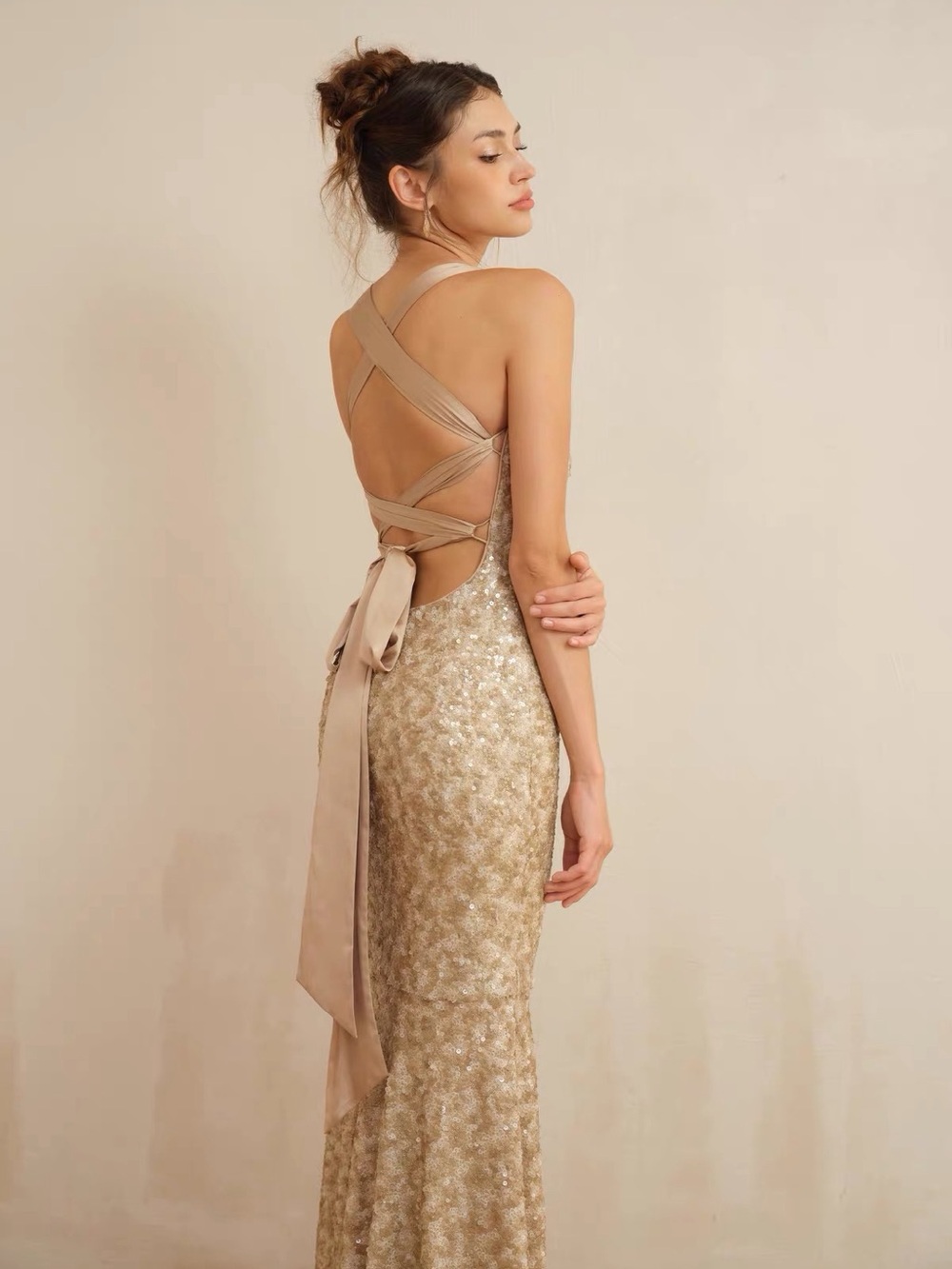 J TheChosen Elegant Gold Sequin Cross-Back Evening Dress